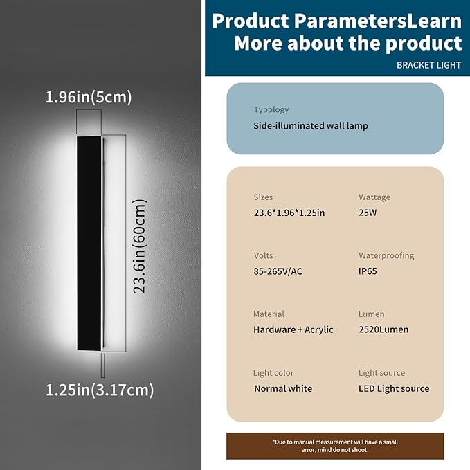 23.6inch Modern Outdoor Wall Light, Black Linear Long LED Wall Sconce, 6000K Cold White, 24W, IP65 Waterproof, Exterior Garage Lighting Fixture for Porch, Patio, Yard, House, Garden