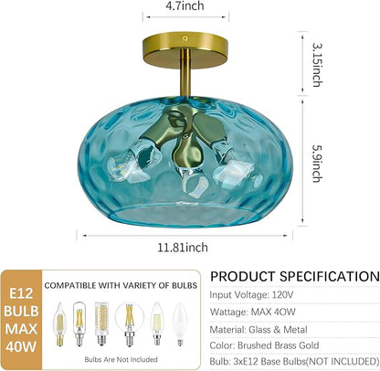 Blue Glass Semi Flush Mount Ceiling Light - 12 Inch Hammered Glass Hallway Light fixtures Ceiling, Vintage Gold Flush Mount Ceiling Light,Mid Century Light Fixture for Bedroom Entryway Kitchen