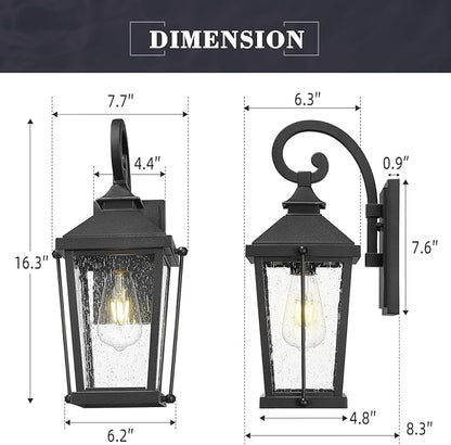 zeyu 2 Pack Outdoor Wall Lights, 16 Inch Exterior Lighting Fixtures for Front Door, Die-Cast Aluminum in Black Finish, Waterproof Seeded Glass, ZW105B-2PK BK