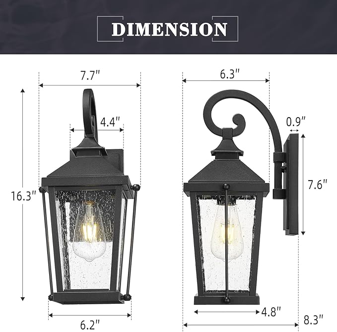zeyu 16 Inch Black Outdoor Light Fixture, 1-Light Exterior Wall Lighting Fixture for Porch Backyard, Die-Cast Aluminum with Seeded Glass, Black Finish, ZW105B BK