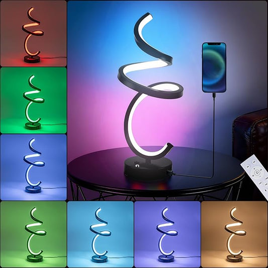RGB Spiral LED Table Lamp, Dimmable Creative Bedside Lamp, Modern Color Changing Nightstand Light for Bedroom, Gaming Room & Home Decor