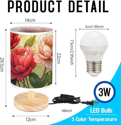 Peonies Table Lamp LED 3-Color Pressed Bedside, Peonies Shade Lamp with Wood Base for Bedroom Living Room Desk Office
