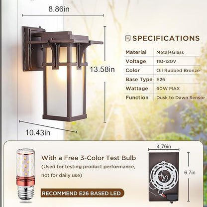 Oil Rubbed Bronze Porch Light Fixtures Wall Mount Dusk to Dawn Outdoor Sconce Waterproof Aluminum with Frosted Glass Exterior Lantern Modern House Lighting for Outside