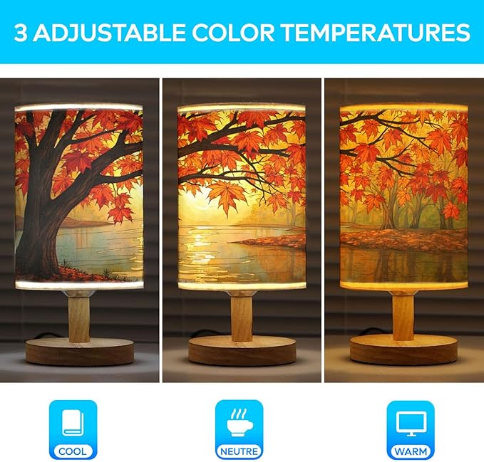Sugar Maple Trees Table Lamp LED 3-Color Pressed Bedside, Sugar Maple Trees Shade Lamp with Wood Base for Bedroom Living Room Desk Office