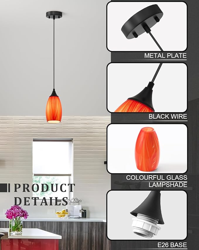 ANYLOVE Vintage Art Orange Pendant Lighting,3-Pack Hand Glass Hanging Light Fixture,Adjustable Cord for Kitchen,Hallway,Dining Room