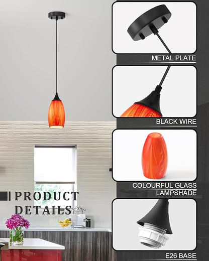 ANYLOVE Vintage Art Orange Pendant Lighting,3-Pack Hand Glass Hanging Light Fixture,Adjustable Cord for Kitchen,Hallway,Dining Room