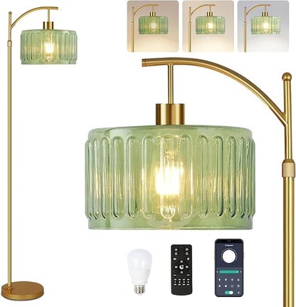 Glass Floor Lamp for Living Room,Bedroom,Gold Mid Century Modern Standing Lamp with Remote,Dimmable Brass Tall Lamp Vintage Retro Green Arc Flower Floor Light Boho Bohemian