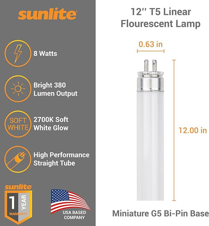 Sunlite 12-Inch F8T5/WW T5 Linear Fluorescent Lamp, 8 Watts, 380 Lumens, 2700K Soft White, Miniature G5 Bi-Pin Base, ROHS Compliant, High Performance Straight Tube, 10 Pack