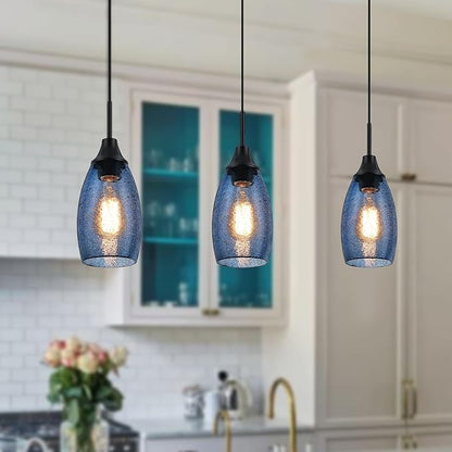 Mini Glass Pendant Light 1-Pack Handblown Clear Dark Blue Seeded Glass Shade Adjustable Cord Ceiling Light Fixture for Kitchen Island Sink 4.72"