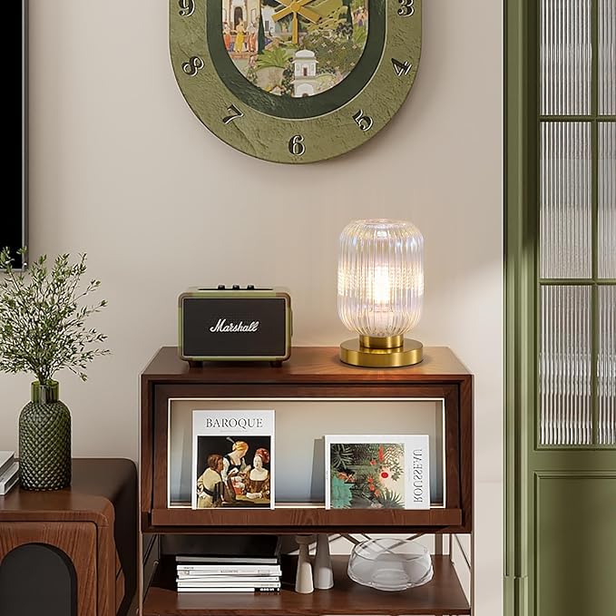 Dimmable Colorful Glass Table Lamp: Mid Century Modern Nightstand Light With Stained Shade - Small Decorative Brass Desk Lamp - Ribbed Glass Bedside Tables Lamps for Bedroom Living Room Bulb Excluded
