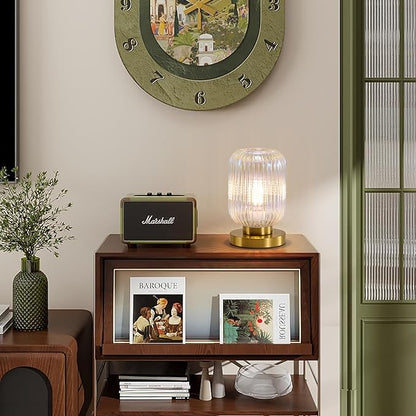 Dimmable Colorful Glass Table Lamp: Mid Century Modern Nightstand Light With Stained Shade - Small Decorative Brass Desk Lamp - Ribbed Glass Bedside Tables Lamps for Bedroom Living Room Bulb Excluded