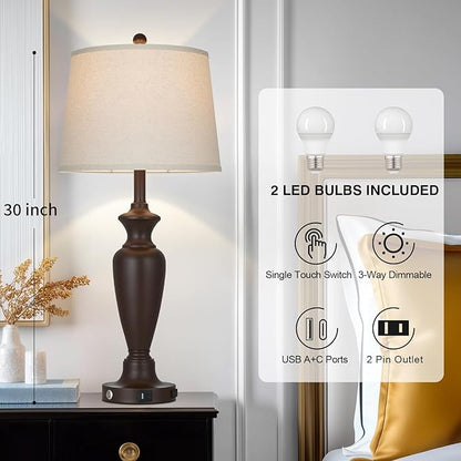 30" Tall Metal Table Lamps Set of 2, Touch Control Bedside Lamps for Bedroom Nightstand, 3-Way Dimmable Farmhouse Lamp for Living Room with Charging Ports, Brown (2 LED Bulbs Included)