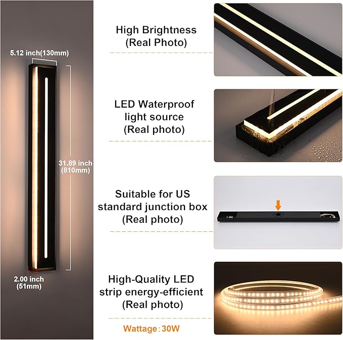 VINLUZ 2 Pack Long 32inch Modern Long Acrylic Strip Exterior Lighting Fixture, Dimmable with 3000K-6000K Outdoor LED Wall Lights Waterproof IP65 Outdoor Wall Sconce