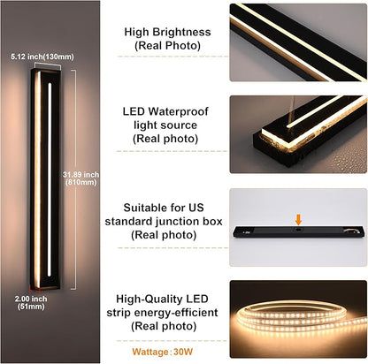 VINLUZ 2 Pack Long 32inch Modern Long Acrylic Strip Exterior Lighting Fixture, Dimmable with 3000K-6000K Outdoor LED Wall Lights Waterproof IP65 Outdoor Wall Sconce