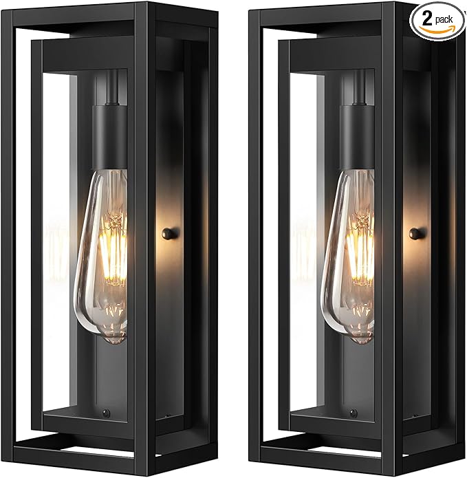 15" Large Outdoor Wall Lights, 2 Pack Matte Black Outdoor Sconces, Modern Waterproof Exterior Lighting Fixtures with Clear Glass Shade for Front Door, Porch, Garage