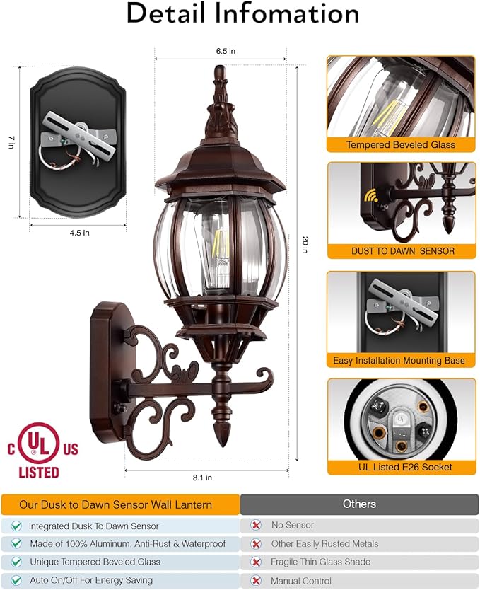 VIANIS Oil Rubbed Bronze Outdoor Light Fixtures Wall Mount, Modern Front Porch Lanterns Wall Sconce, Anti-Rust Outside Garage Lights Dusk to Dawn Lighting for Patio, Waterproof Coach Lights for House