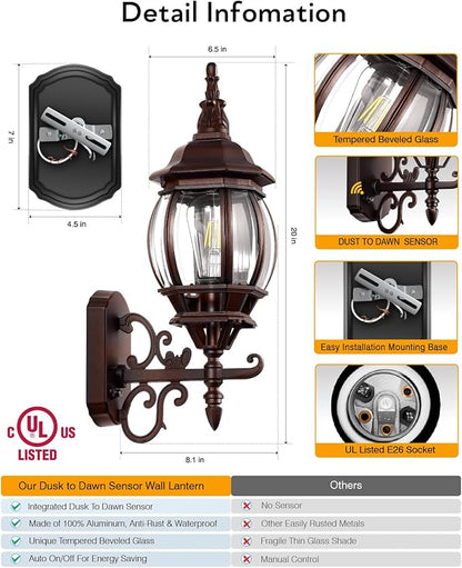 VIANIS Oil Rubbed Bronze Outdoor Light Fixtures Wall Mount, Modern Front Porch Lanterns Wall Sconce, Anti-Rust Outside Garage Lights Dusk to Dawn Lighting for Patio, Waterproof Coach Lights for House
