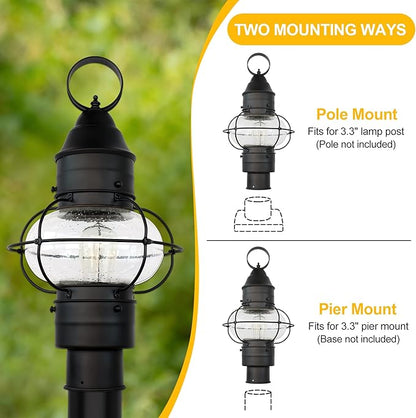 Kalium Outdoor Post Light Hard Wired, Matte Black Lamp Post Light Fixture with Seeded Glass,19" Waterproof Outside Column Lantern for Yard Driveway Patio Garden Walkway Landscape E26 Base Max 60