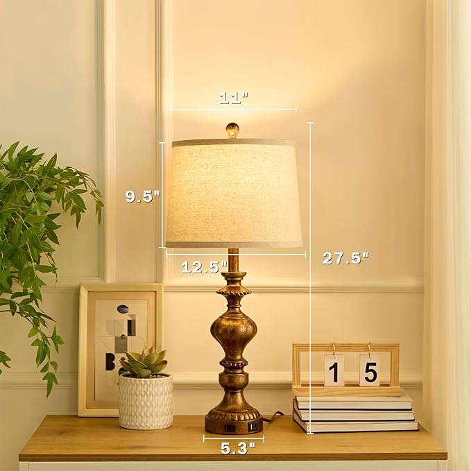 27.5" Farmhouse Table Lamps Set of 2 Bedside Nightstand Lamp with USB C+A Ports & AC Outlet, 3 Way Dimmable Lamps for Bedroom Living Room Office Rustic Lamp (Rotary Switch-Copper)