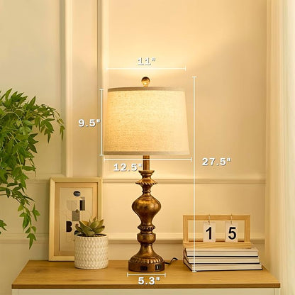 27.5" Farmhouse Table Lamps Set of 2 Bedside Nightstand Lamp with USB C+A Ports & AC Outlet, 3 Way Dimmable Lamps for Bedroom Living Room Office Rustic Lamp (Rotary Switch-Copper)