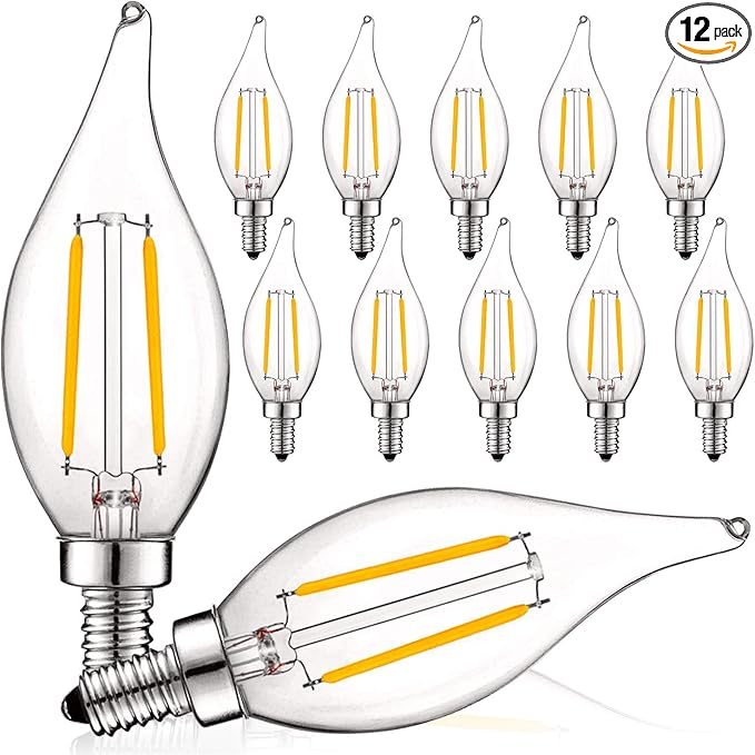 LUXRITE 4W Vintage Candelabra LED Bulbs Dimmable, 400 Lumens, 2700K Warm White, Chandelier Light Bulbs 40W Equivalent, Flame Clear Glass, Filament Candle Bulb, UL Listed, E12 Base (12 Pack)