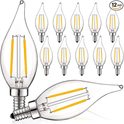 LUXRITE 4W Vintage Candelabra LED Bulbs Dimmable, 400 Lumens, 2700K Warm White, Chandelier Light Bulbs 40W Equivalent, Flame Clear Glass, Filament Candle Bulb, UL Listed, E12 Base (12 Pack)