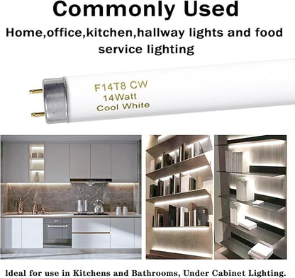 15 Inches T8 Fluorescent Light Bulb 4100K 14 Watt, F14T8/CW 14W Fluorescent Tube,14 Watts, G13 Medium Base, 650 Lumen, 6 Pack