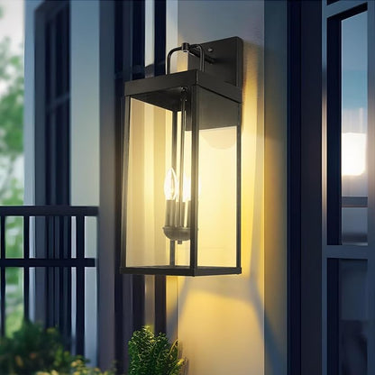 Dusk to Dawn Outdoor Wall Sconce Light, 24 Inch Tall Transitional Exterior Wall Lighting with Clear Glass, Anti-Rust Powder Coat Black Modern Outside Wall Lantern for Front Porch, DDRZ008L BK