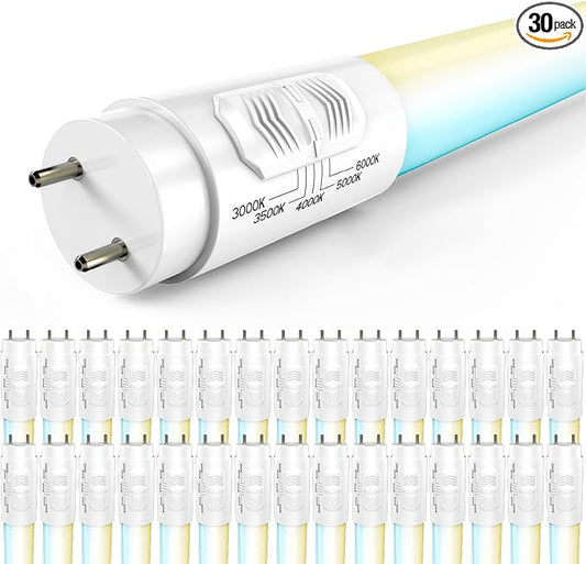 Sunco 30 Pack T8 LED Bulbs 4 Foot, LED Fluorescent Tube Replacement, 4ft LED Tube Light, Ballast Bypass, 18W, 2200 LM, Selectable CCT 3000K/3500K/4000K/5000K/6000K, Single Ended Power, Frosted Lens UL
