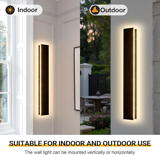 47.2in 2pcs Modern Outdoor Wall Light for House, Black Upgraded 4.72in Wide 3000K Waterproof IP65 Porch Lights Wall Sconce,Long LED Linear Outside Exterior Lighting Fixtures for Garage,Patio