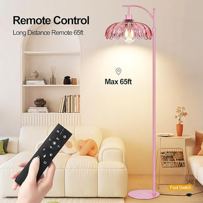 Pink Floor Lamp for Living Room,Bedroom,Glass Dimmable Standing Lamp with Remote,Gold Mid Century Modern Brass Tall Lamp Boho Floor Lamps Arc Stained Flower Floor Light Lamp Girls kids Bohemian
