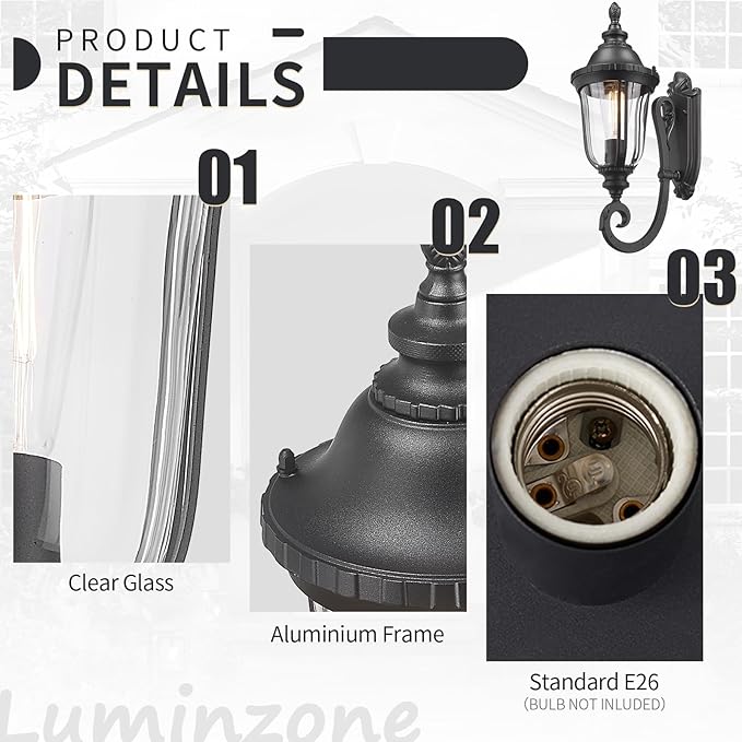 Outdoor Light Fixtures Wall Mounted Black Porch Sconces Clear Glass Shades E26 Sockets Exterior Weatherproof Lanterns Modern Porch Lights Wall Mount Outside Lights for House, Patio, Doorway