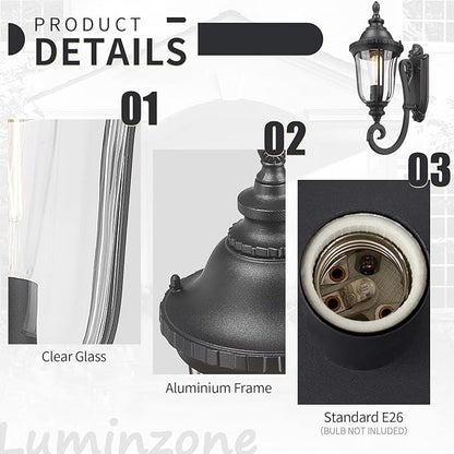 Outdoor Light Fixtures Wall Mounted Black Porch Sconces Clear Glass Shades E26 Sockets Exterior Weatherproof Lanterns Modern Porch Lights Wall Mount Outside Lights for House, Patio, Doorway
