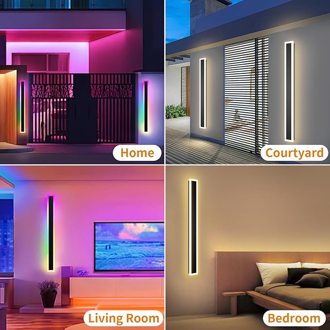 Outdoor RGB Long Wall Lights, 31.5inch 2 Pack RGB/Warm/White Dimmable Modern Led Wall Lighting, Ip65 Waterproof Long Wall Sconce with Remote and APP Control for Outdoor/Indoor