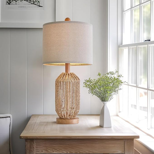 OYEARS 21" Boho Table Lamp for Living Room, Bedside Lamp for Nightstands, Rattan Lamp for Bedroom, Farmhouse Table Lamp for Room Decor, End Table, Retro, Brown, 1 Pack