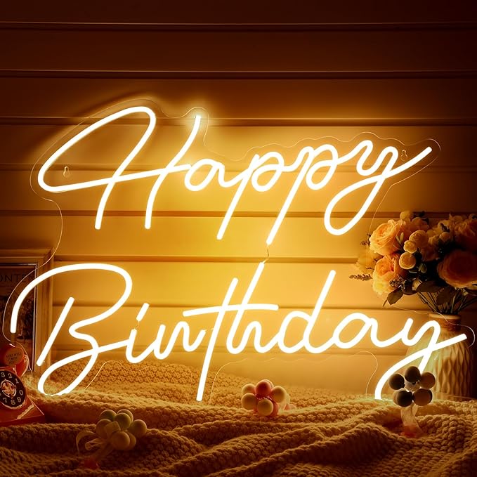 30" x 21" Happy Birthday Neon Sign Large Happy Birthday LED Neon Light Signs with Dimmable Switch 12V Power Adapter for Party Wall Decoration Bar Rave Home Decor Backdrop(Warm White,30" x 21")