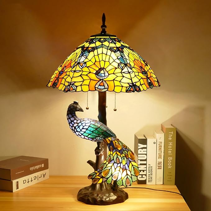 Large Tiffany Table Lamp 18" Wide Handmade Stained Glass Lamp Shade 3 Light Peacock Style Vintage Desk Light for Living Room Bedroom Bedside Reading Light,Peacock