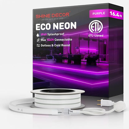 Shine Decor LED Rope Lights AC 120V, Connectable & Cuttable Dotless 120LEDs/M Eco Neon Strip Lighting, ETL IP65 Waterproof & Weather-Resistant for Home Commercial, 8x16mm, Purple, 16.4FT