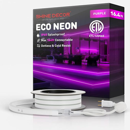 Shine Decor LED Rope Lights AC 120V, Connectable & Cuttable Dotless 120LEDs/M Eco Neon Strip Lighting, ETL IP65 Waterproof & Weather-Resistant for Home Commercial, 8x16mm, Purple, 16.4FT
