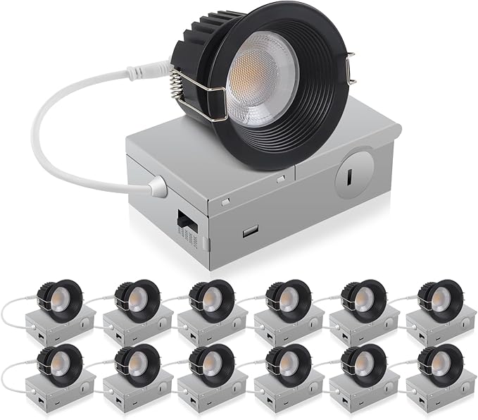 Adetu 3 Inch 5CCT Black Anti-Glare LED Downlight with Junction Box, 2700K/3000K/4000K/5000K Selectable, CRI90+, 12W COB, 1160LM, IP65 Waterproof, Dimmable-ETL and Energy Star Certified (Black,12 Pack)