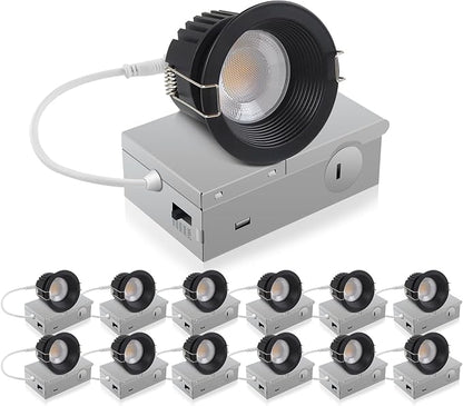 Adetu 3 Inch 5CCT Black Anti-Glare LED Downlight with Junction Box, 2700K/3000K/4000K/5000K Selectable, CRI90+, 12W COB, 1160LM, IP65 Waterproof, Dimmable-ETL and Energy Star Certified (Black,12 Pack)