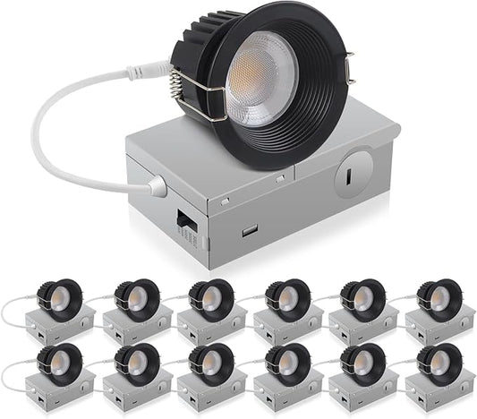 Adetu 3 Inch 5CCT Black Anti-Glare LED Downlight with Junction Box, 2700K/3000K/4000K/5000K Selectable, CRI90+, 12W COB, 1160LM, IP65 Waterproof, Dimmable-ETL and Energy Star Certified (Black,12 Pack)