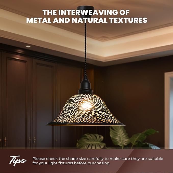 Ceiling Fan Light Covers, Pendant Light Shade Replacement with 1.65" Fitter, ALUCSET 5.5" Height and 12.2" Diameter, Metal Bell Cover for Chandelier Wall Sconces Etched Chrysanthemum Black and Gold