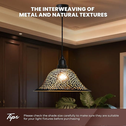 Ceiling Fan Light Covers, Pendant Light Shade Replacement with 1.65" Fitter, ALUCSET 5.5" Height and 12.2" Diameter, Metal Bell Cover for Chandelier Wall Sconces Etched Chrysanthemum Black and Gold