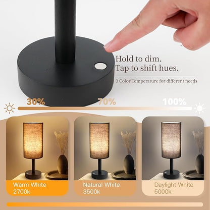 Small Table Lamp Nightstand Lamp Linen Lampshade Bedroom Wood Base Small Bedside Lamp for Night Stands, Desk Lamps for Reading Living Room, Office (LED Bulb Included) (Black and Cordless)