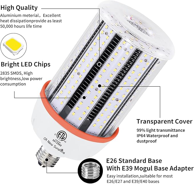 1000W Equivalent Led Corn light bulbs, 15000 Lumen LED Corn Bulb 100W 5000K Daylight White Lamp,E26/E39 Medium Mogul Base,2-Pack Large Area Lights For Outdoor Indoor Warehouse Garage High Bay Lighting