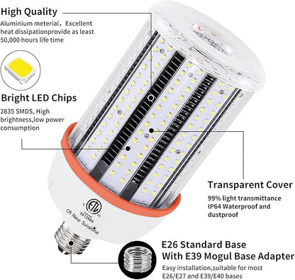 1000W Equivalent Led Corn light bulbs, 15000 Lumen LED Corn Bulb 100W 5000K Daylight White Lamp,E26/E39 Medium Mogul Base,2-Pack Large Area Lights For Outdoor Indoor Warehouse Garage High Bay Lighting