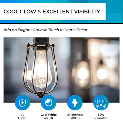 Hizashi Edison Bulbs Dimmable, Vintage E26 LED Bulb 60 Watt Equivalent UL Listed, 4000K Cool White 700lm 6W 95+CRI ST58/ST19 Antique Light Bulbs with E26 Medium Base, Clear Glass, Pack of 4