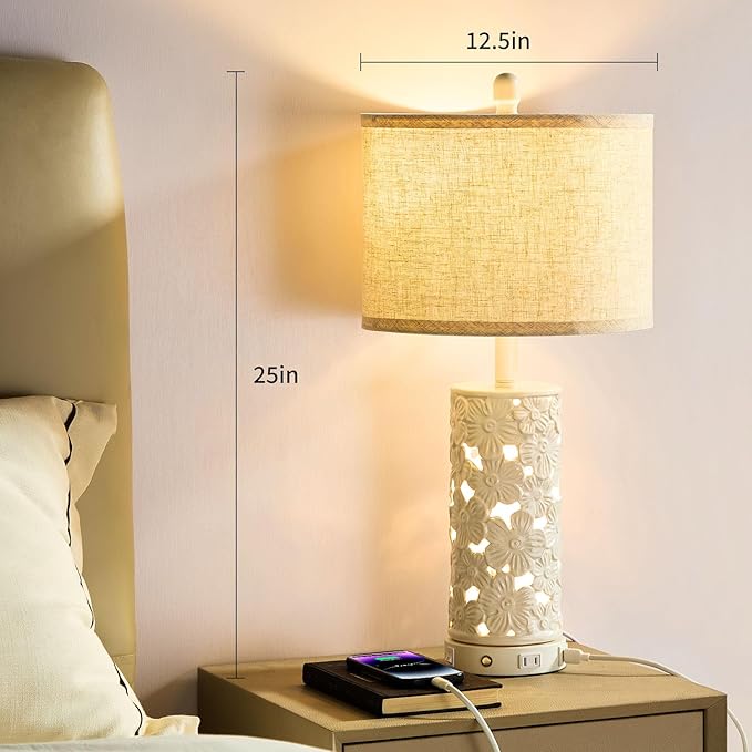 25.5" Modern Ceramic Table Lamp Set of 2 - Bedroom Nightstand Lamp for Living Room, White Bedside Lamp Farmhouse Night Stand Light Lamp for Study Room Office (Ceramic-2 Pack)