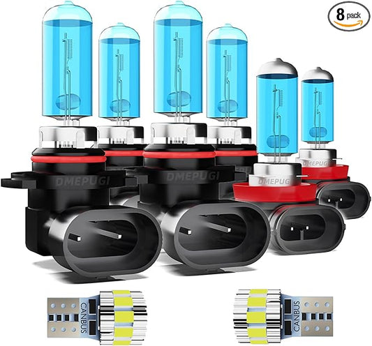 Compatible With Santa Fe 2019-2020 Halogen Headlight Bulbs,9005 High Beam+ 9005 Low Beam+ h11 Fog Lights Kits+ License Plate Lights,Super Bright 6000K White,Plug N Play,Pack of 8